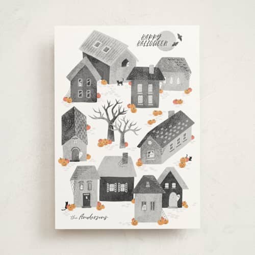 This is a soot halloween party invitations cards with standard by Dani Lugato called pumpkin village printing on signature in standard