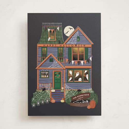 This is a persimmon halloween party invitations cards with standard by Becky Nimoy called halloween house printing on signature in standard