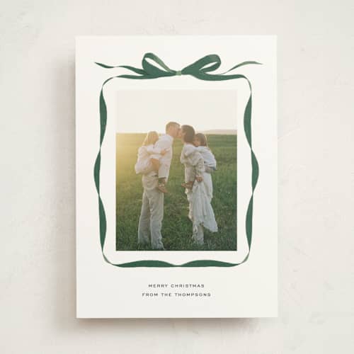 This is a evergreen photo mount holiday cards with standard by Olivia Kanaley Inman called bow printing on recycled in photo_mount