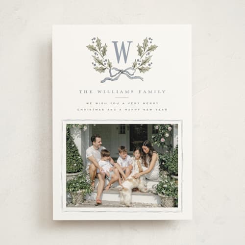 This is a blue spruce photo mount holiday cards with standard by Wildfield Paper Co called holly monogram printing on recycled in photo_mount