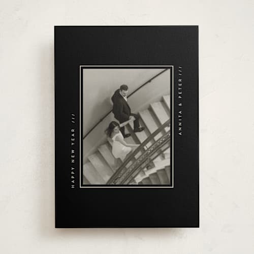 This is a charcoal photo mount holiday cards with standard by Lucrecia Caporale called contemporary typo printing on recycled in photo_mount