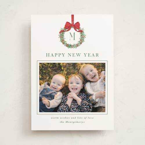 This is a wreath photo mount holiday cards with standard by Petra Kern called winter monogram printing on recycled in photo_mount