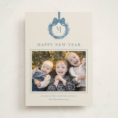 This is a blue joy photo mount holiday cards with standard by Petra Kern called winter monogram printing on recycled in photo_mount
