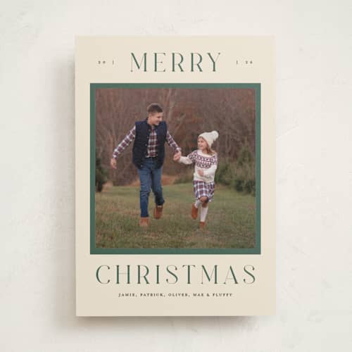 This is a pine photo mount holiday cards with standard by Pixel and Hank called merry christmas type printing on recycled in photo_mount