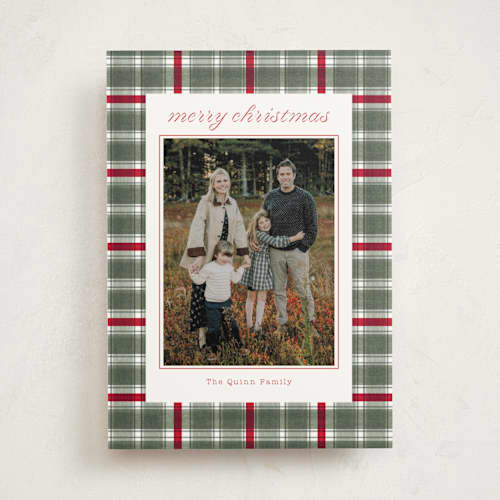 This is a wreath photo mount holiday cards with standard by Baumbirdy called traditional plaid printing on recycled in photo_mount