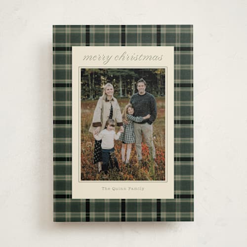 This is a forest photo mount holiday cards with standard by Baumbirdy called traditional plaid printing on recycled in photo_mount
