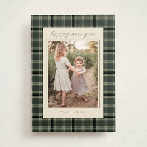 This is a forest photo mount holiday cards with standard by Baumbirdy called traditional plaid printing on recycled in photo_mount
