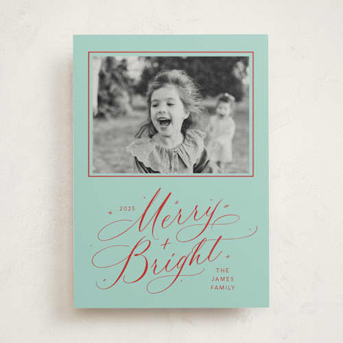 This is a turqouise photo mount holiday cards with standard by Erin Hodges called bright laughter printing on recycled in photo_mount