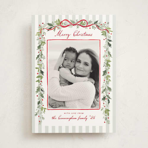 This is a peppermint photo mount holiday cards with standard by Everett Paper Goods called greenery drape printing on recycled in photo_mount