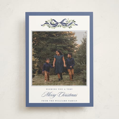 This is a lake photo mount holiday cards with standard by Sarah Knight called classic bow printing on recycled in photo_mount