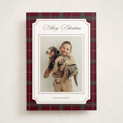 This is a claret photo mount holiday cards with standard by Stacey Meacham called holiday traditions printing on recycled in photo_mount