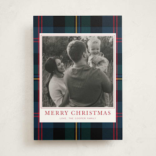 This is a navy photo mount holiday cards with standard by Ilene Guy called traditional plaid printing on recycled in photo_mount