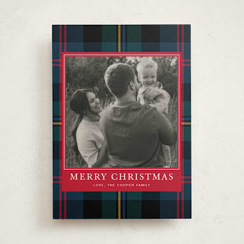 This is a cherry photo mount holiday cards with standard by Ilene Guy called traditional plaid printing on recycled in photo_mount