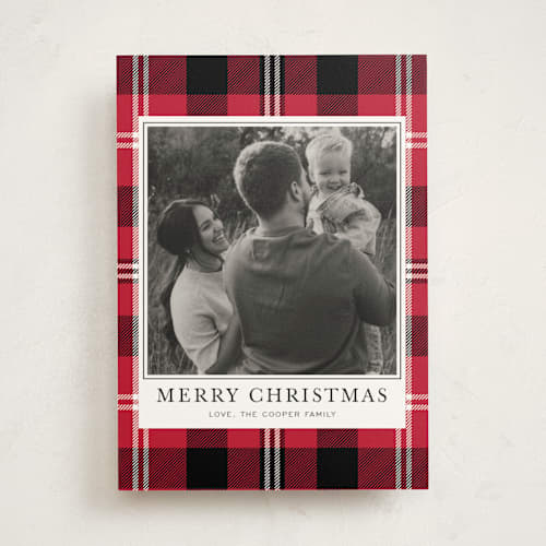 This is a licorice photo mount holiday cards with standard by Ilene Guy called traditional plaid printing on recycled in photo_mount