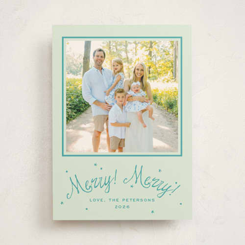 This is a turquoise photo mount holiday cards with standard by Megan Davis called bon bon printing on recycled in photo_mount