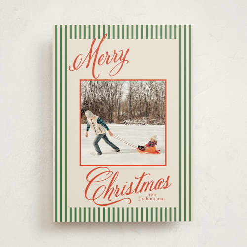 This is a forest photo mount holiday cards with standard by Karidy Walker called script and stripes printing on recycled in photo_mount