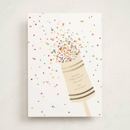 This is a snow foil pressed holiday cards with foil pressed by Ellen Schlegelmilch called confetti popper printing on signature in standard
