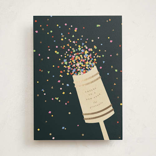 This is a midnight foil pressed holiday cards with foil pressed by Ellen Schlegelmilch called confetti popper printing on signature in standard