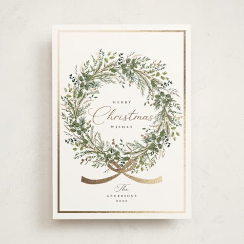 This is a pine foil pressed holiday cards with foil pressed by Susan Moyal called christmas bow printing on signature in standard