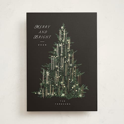 This is a charcoal foil pressed holiday cards with foil pressed by Leah Bisch called tinsel tree printing on signature in standard
