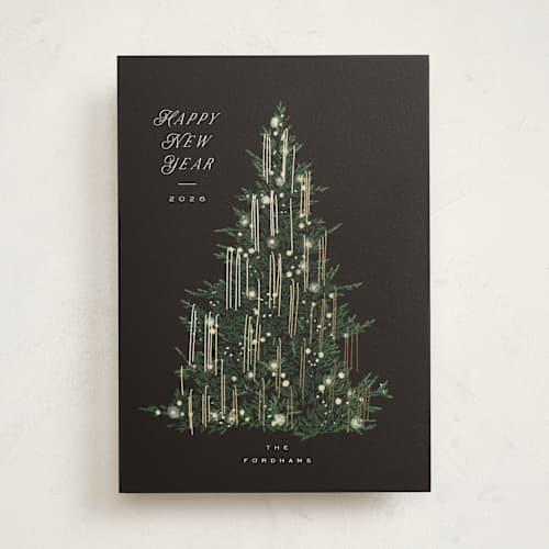 This is a charcoal foil pressed holiday cards with foil pressed by Leah Bisch called tinsel tree printing on signature in standard
