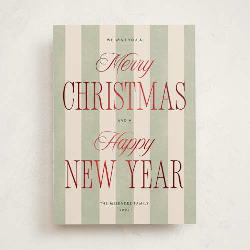This is a wreath foil pressed holiday cards with foil pressed by Robert and Stella called striped type printing on signature in standard