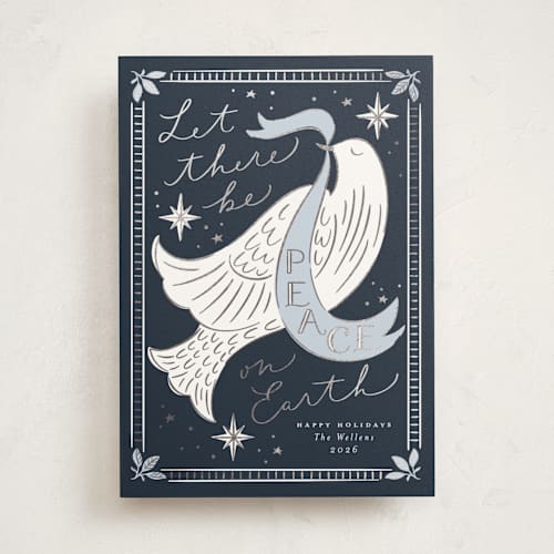 This is a night foil pressed holiday cards with foil pressed by Erin German called peace on earth dove printing on signature in standard