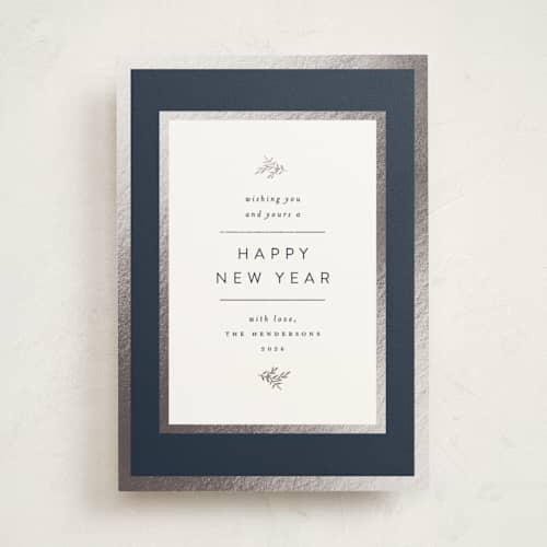 This is a navy foil pressed holiday cards with foil pressed by Carolyn Nicks called legacy printing on signature in standard