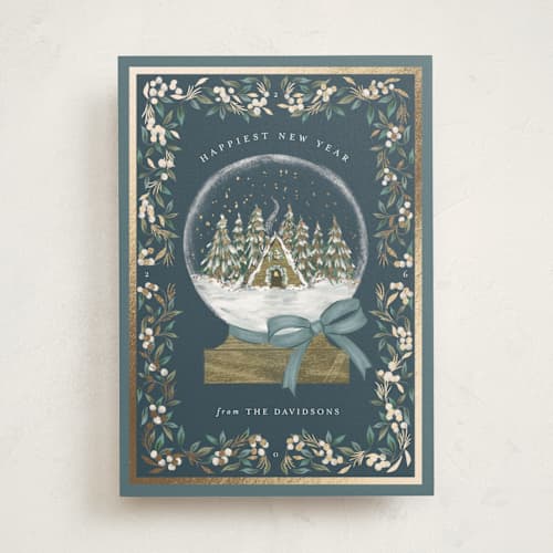 This is a frost foil pressed holiday cards with foil pressed by Jackie Crawford called cabin snow globe printing on signature in standard