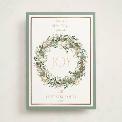 This is a wintermint foil pressed holiday cards with foil pressed by Susan Moyal called peace, love & hope printing on signature in standard