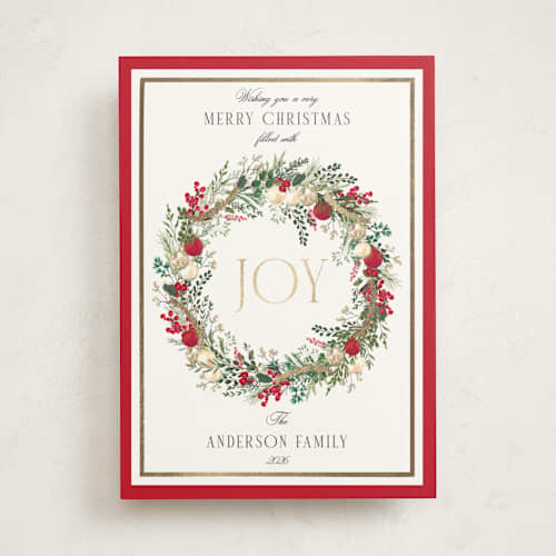 This is a holly berry foil pressed holiday cards with foil pressed by Susan Moyal called peace, love & hope printing on signature in standard