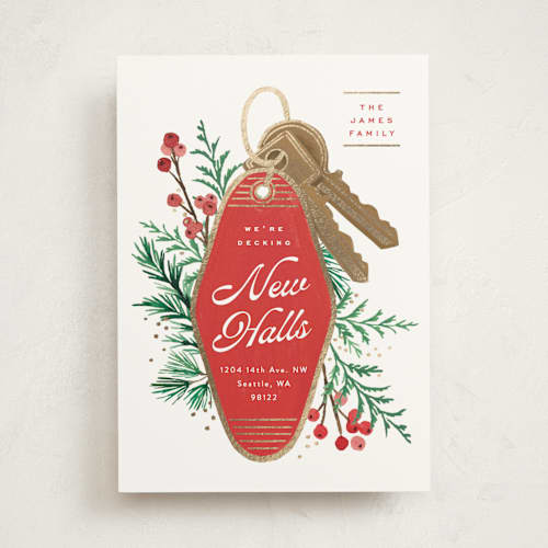 This is a cranberry foil pressed holiday cards with foil pressed by Alethea and Ruth called new halls printing on signature in standard
