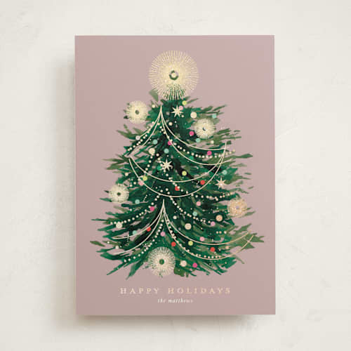 This is a mulberry foil pressed holiday cards with foil pressed by lori jacobs wemple called glowy tree printing on signature in standard