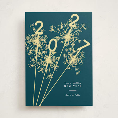 This is a peacock non photo holiday cards with standard by Paula Pecevich called sparklers printing on signature in standard