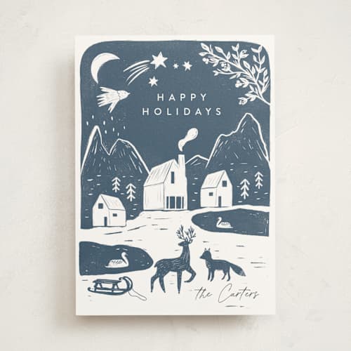 This is a night non photo holiday cards with standard by Maja Cunningham called winter linocut printing on signature in standard