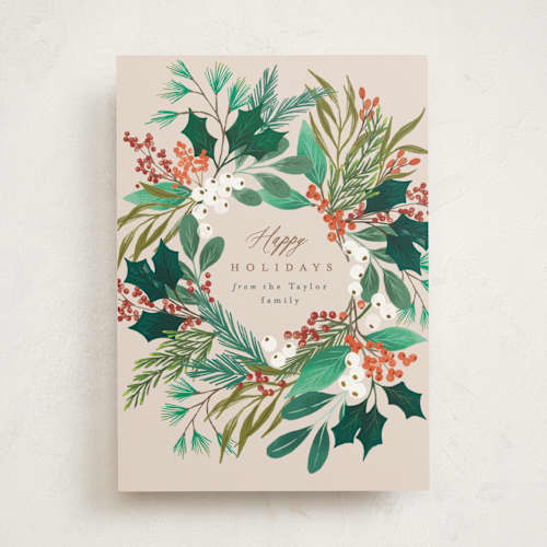 This is a buttercream non photo holiday cards with standard by Alethea and Ruth called foliage wreath printing on signature in standard