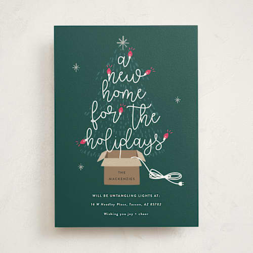 This is a spruce non photo holiday cards with standard by Corinne Malesic called twinkling new home printing on signature in standard