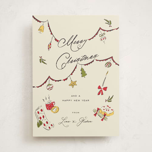 This is a holly berry non photo holiday cards with standard by Sarah Rosenthal called garland cheer printing on signature in standard