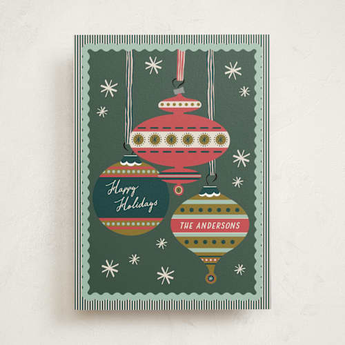 This is a pine non photo holiday cards with standard by Heather Schertzer called mid-century ornaments printing on signature in standard