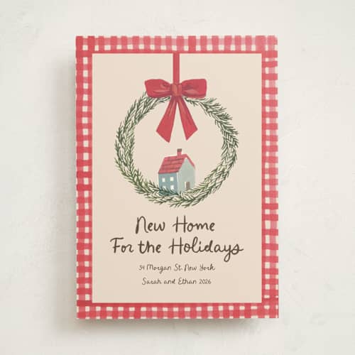 This is a berry non photo holiday cards with standard by Teju Reval called new home wreath printing on signature in standard