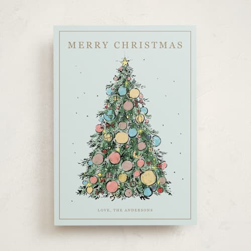 This is a frosted blue non photo holiday cards with standard by Cass Loh called ornament tree printing on signature in standard