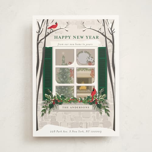 This is a pine non photo holiday cards with standard by Susan Moyal called holiday window printing on signature in standard