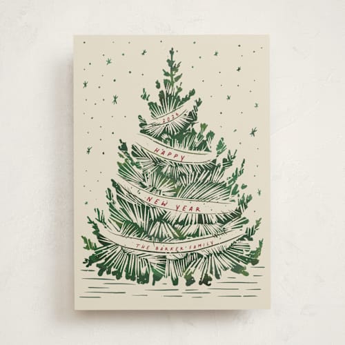 This is a cranberry non photo holiday cards with standard by Paula Pecevich called woodcut christmas printing on signature in standard