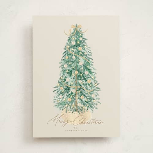 This is a golden non photo holiday cards with standard by Tamara Hilje called farmhouse tree printing on signature in standard