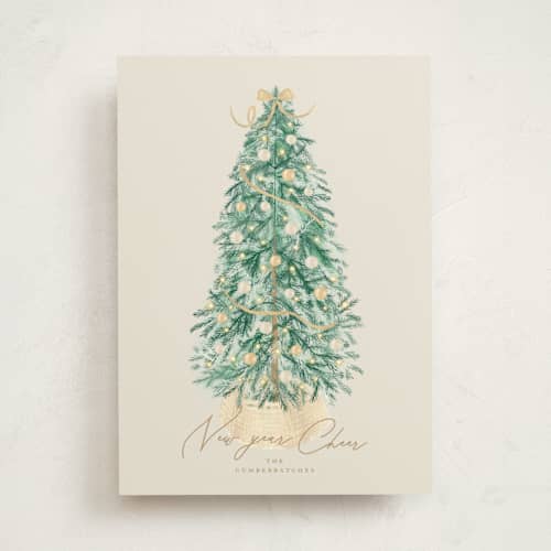 This is a golden non photo holiday cards with standard by Tamara Hilje called farmhouse tree printing on signature in standard