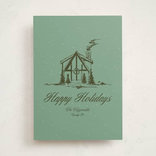 This is a pine non photo holiday cards with standard by Jen Ramsey called christmas cabin printing on signature in standard