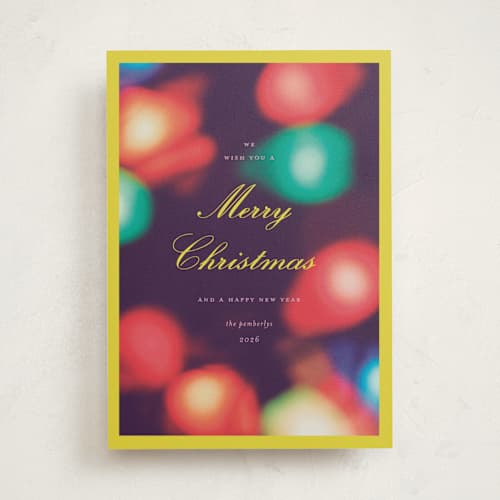 This is a lemon non photo holiday cards with standard by Morgan Kendall called retro bokeh lights printing on signature in standard