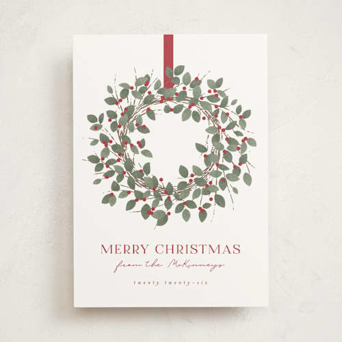 This is a holly non photo holiday cards with standard by Kacey Kendrick Wagner called classic wreath printing on signature in standard