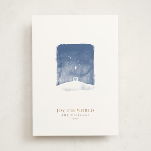 This is a linen non photo holiday cards with standard by Robert and Stella called tiny nativity printing on signature in standard