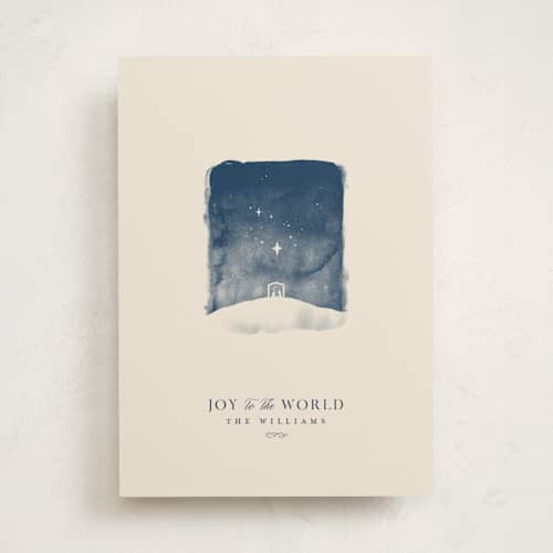 This is a cream non photo holiday cards with standard by Robert and Stella called tiny nativity printing on signature in standard